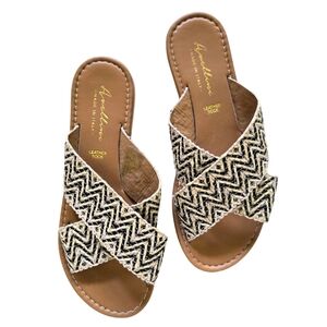 Avellini Woven Tan And Black Slides Sandals Made In Italy 7 1/2 Leather & Straw